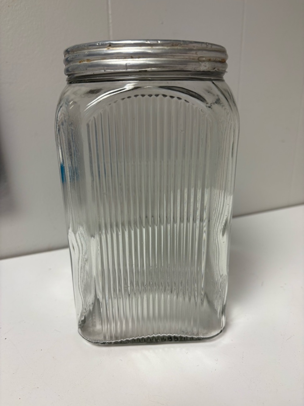 Antique Square Glass Ribbed Hoosier COFFEE Jar with Metal lid - Picture 3 of 7